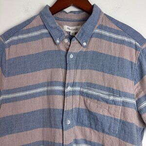 Madewell Button Down Shirt Large Double-Weave Perfect Short Sleeve Stripe Preppy